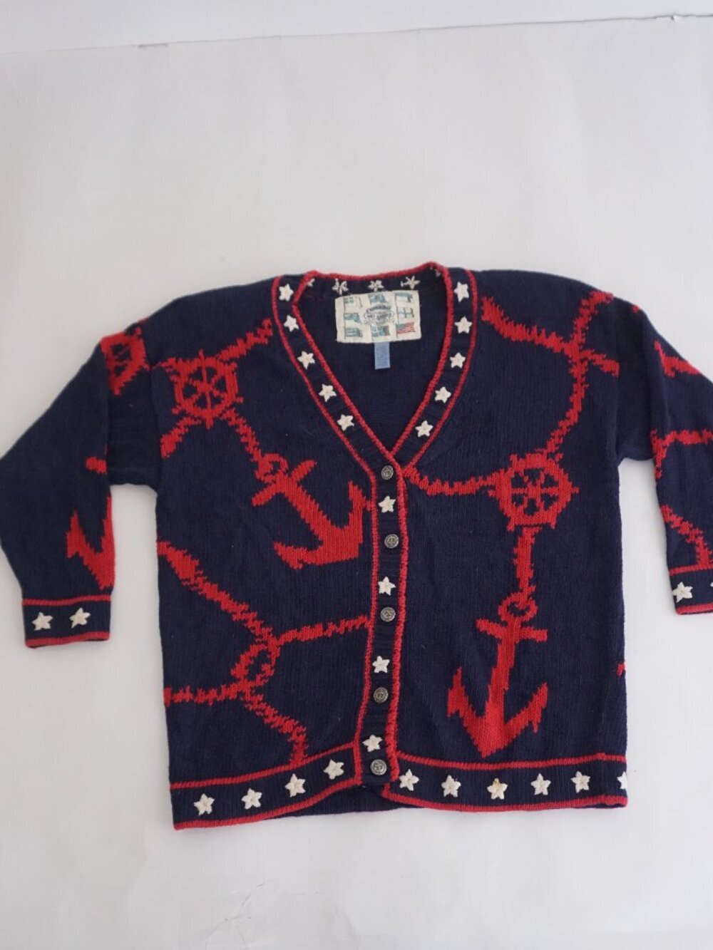 Vintage Cambridge Navy Red Anchor Nautical Maritime Cardigan Harbor L